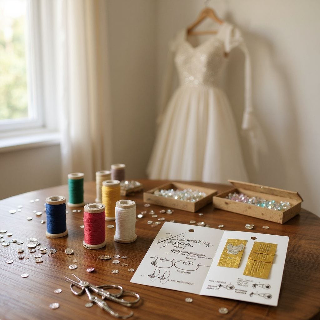 Extra fine Miyuki beading needles on craft table with threads and beads
