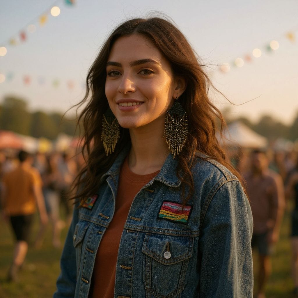 Festival scene with model in denim jacket and long fringe earrings