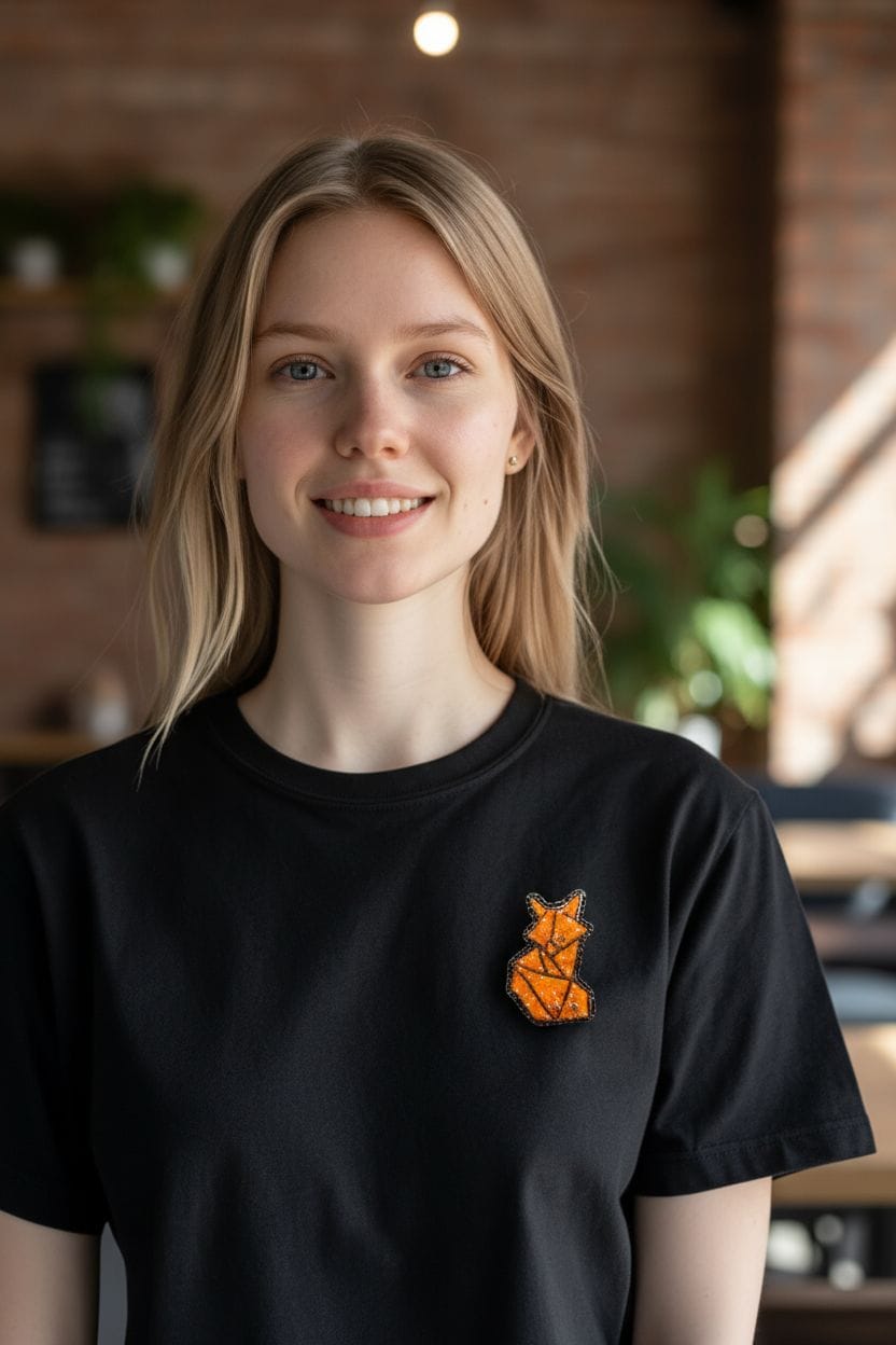 Fox brooch on black T-shirt, casual outfit