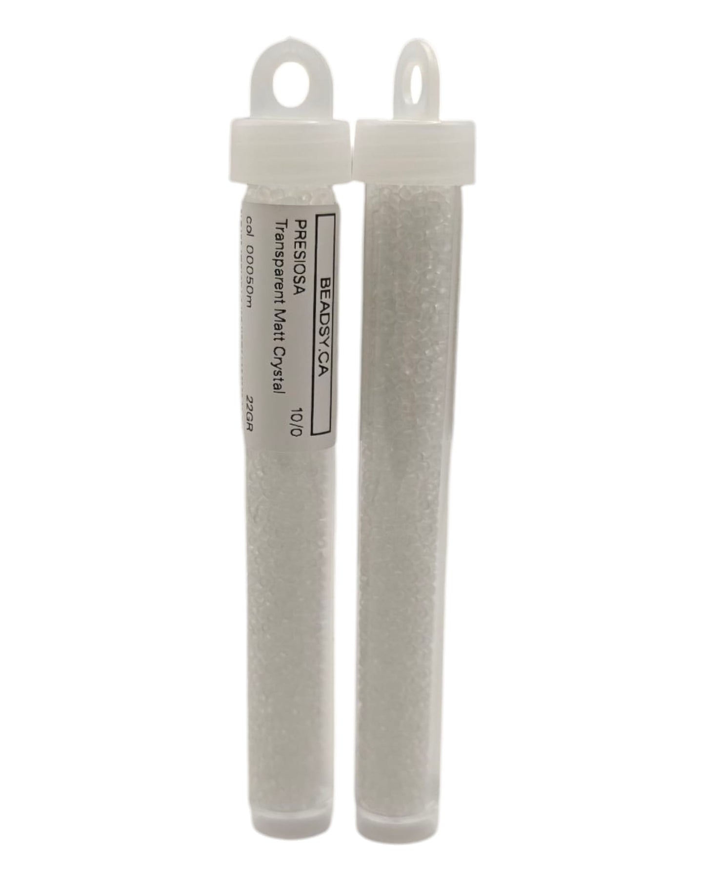 Preciosa Czech seed beads 10/0 transparent matt crystal 00050m in clear plastic tubes front view – Beadsy.ca