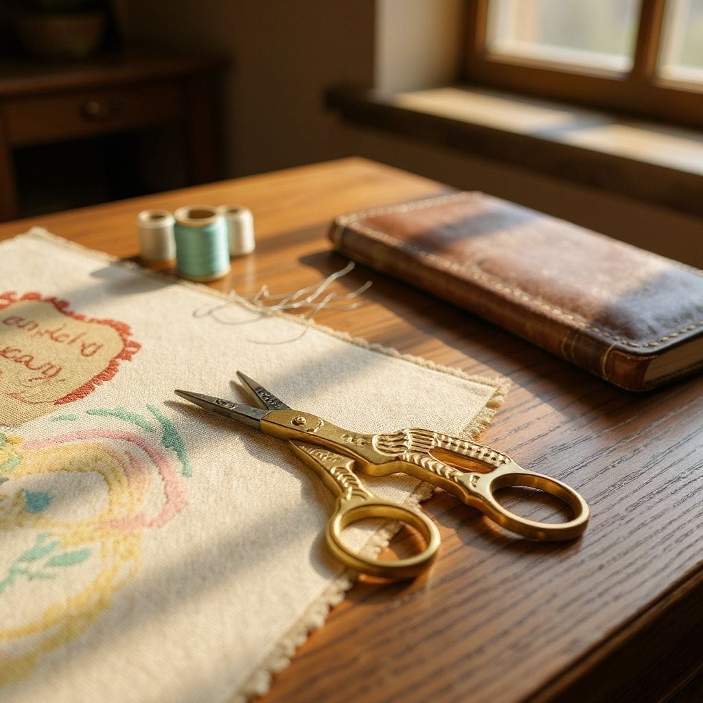 Golden stork embroidery scissors placed on stitched fabric with thread spools