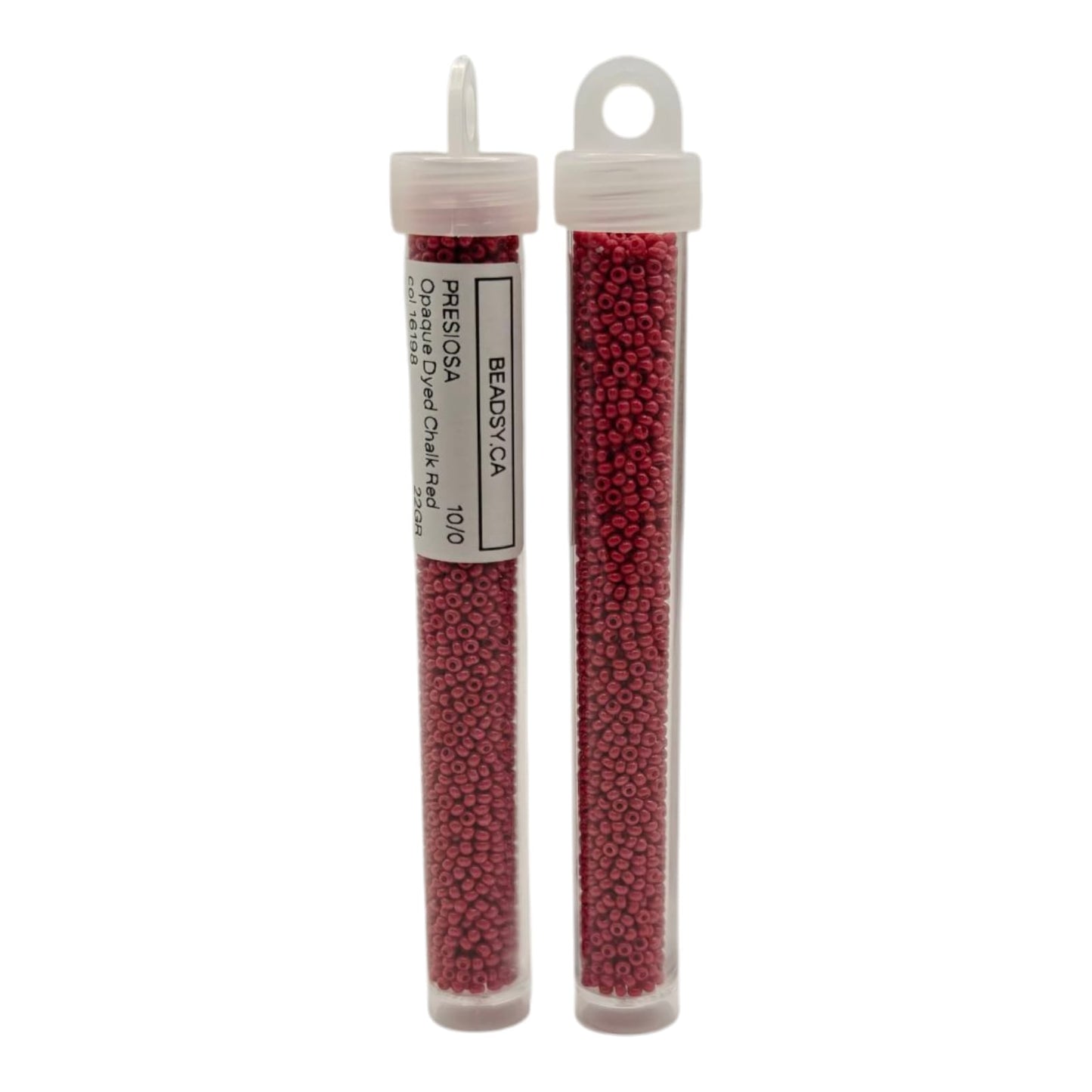 Preciosa 10/0 Opaque Dyed Chalk Red 16198 — two vials, front view