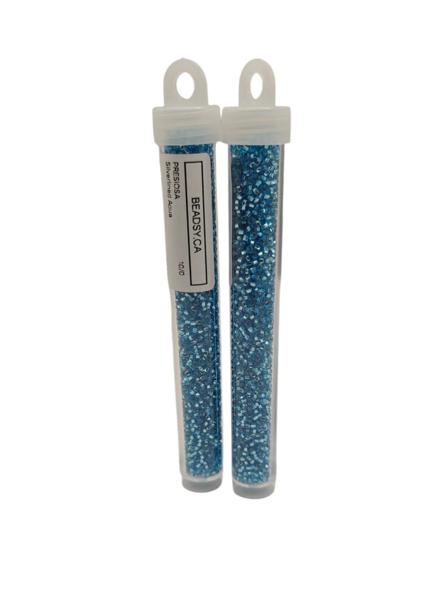 Preciosa 10/0 Silverlined Aqua seed beads in clear tubes—code 67010, uniform Czech glass for bead weaving