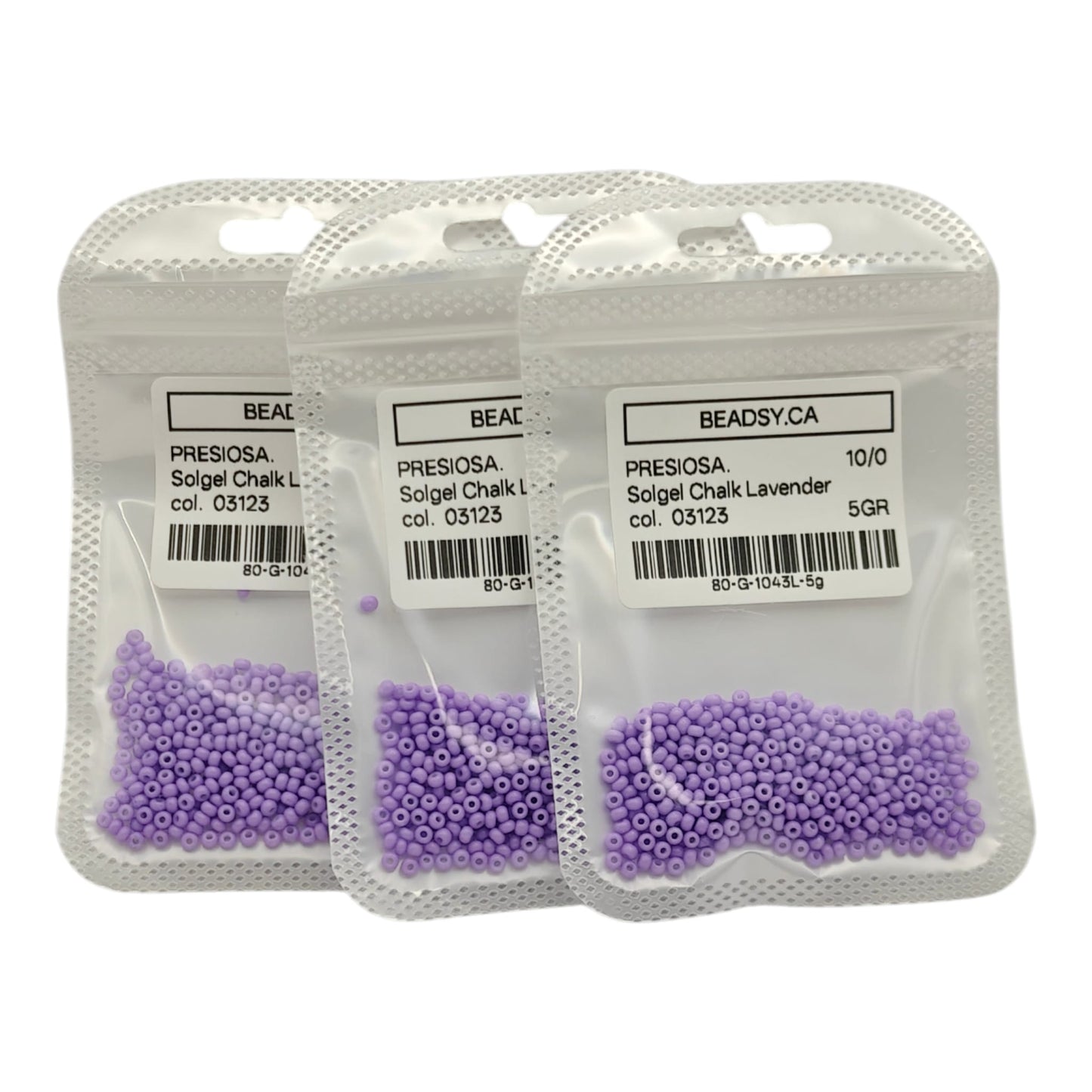 Preciosa Czech seed beads 10/0 Solgel Chalk Lavender color 03123 in retail bags Beadsy Canada