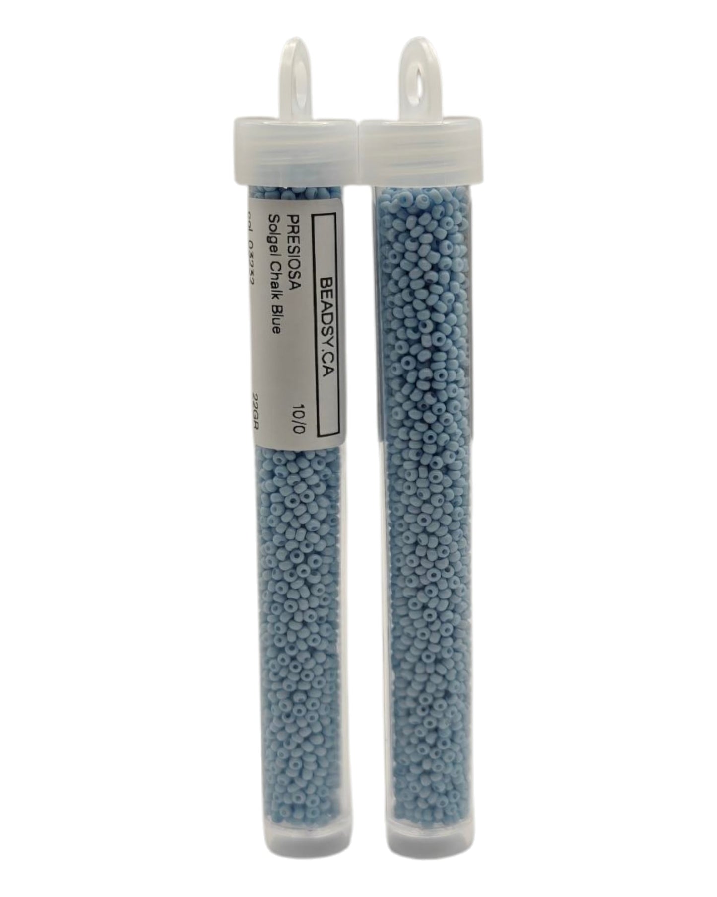 Tube of Preciosa 10/0 Solgel Chalk Blue seed beads, colour code 03232.