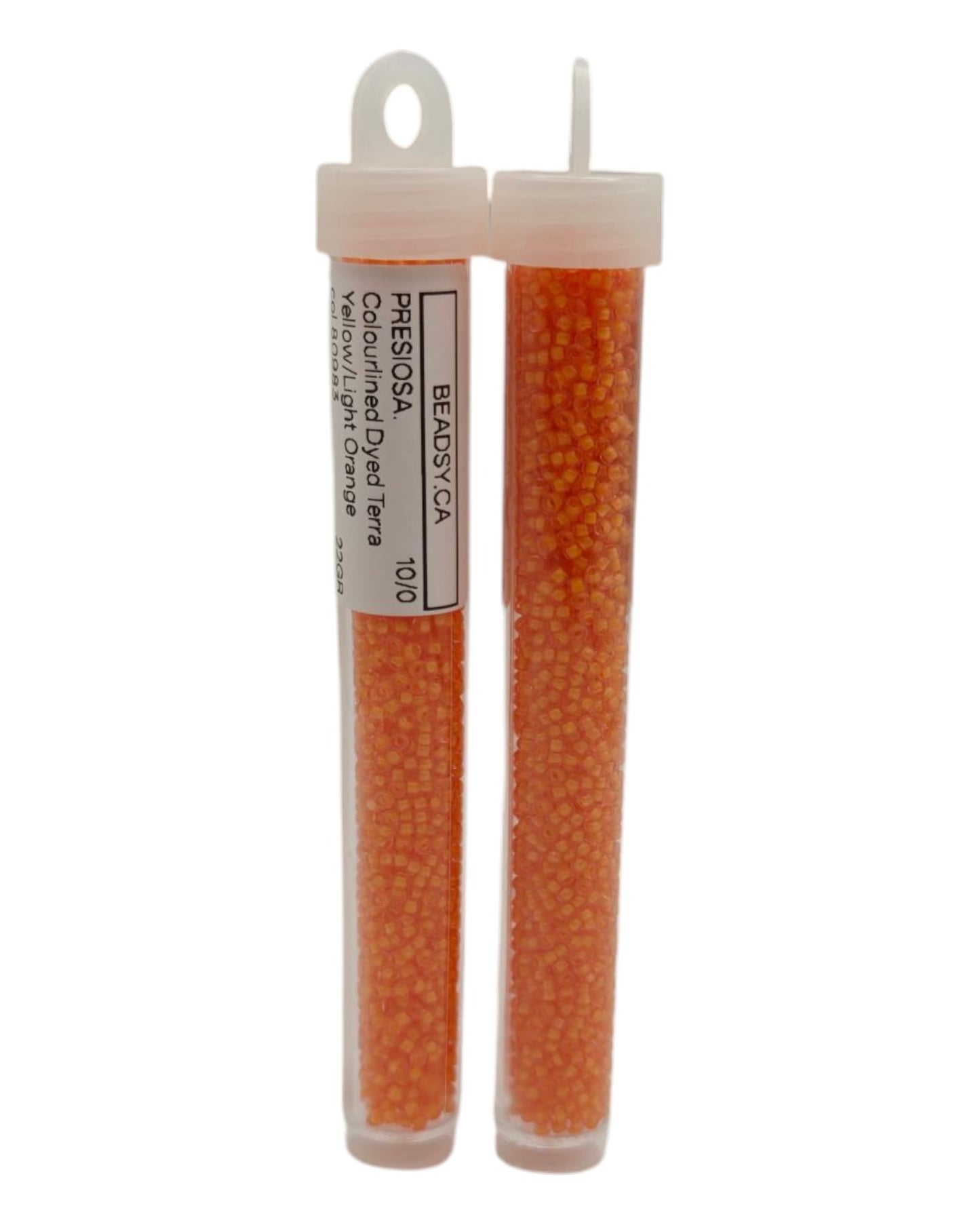 Tube of Preciosa 10/0 colourlined Terra Yellow Light Orange glass seed beads front