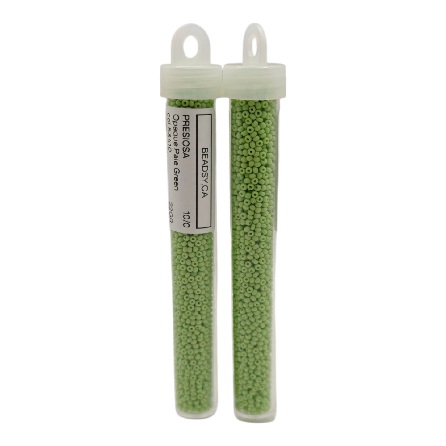 Tube of Preciosa 10/0 opaque pale green seed beads 53410 from Beadsy.ca