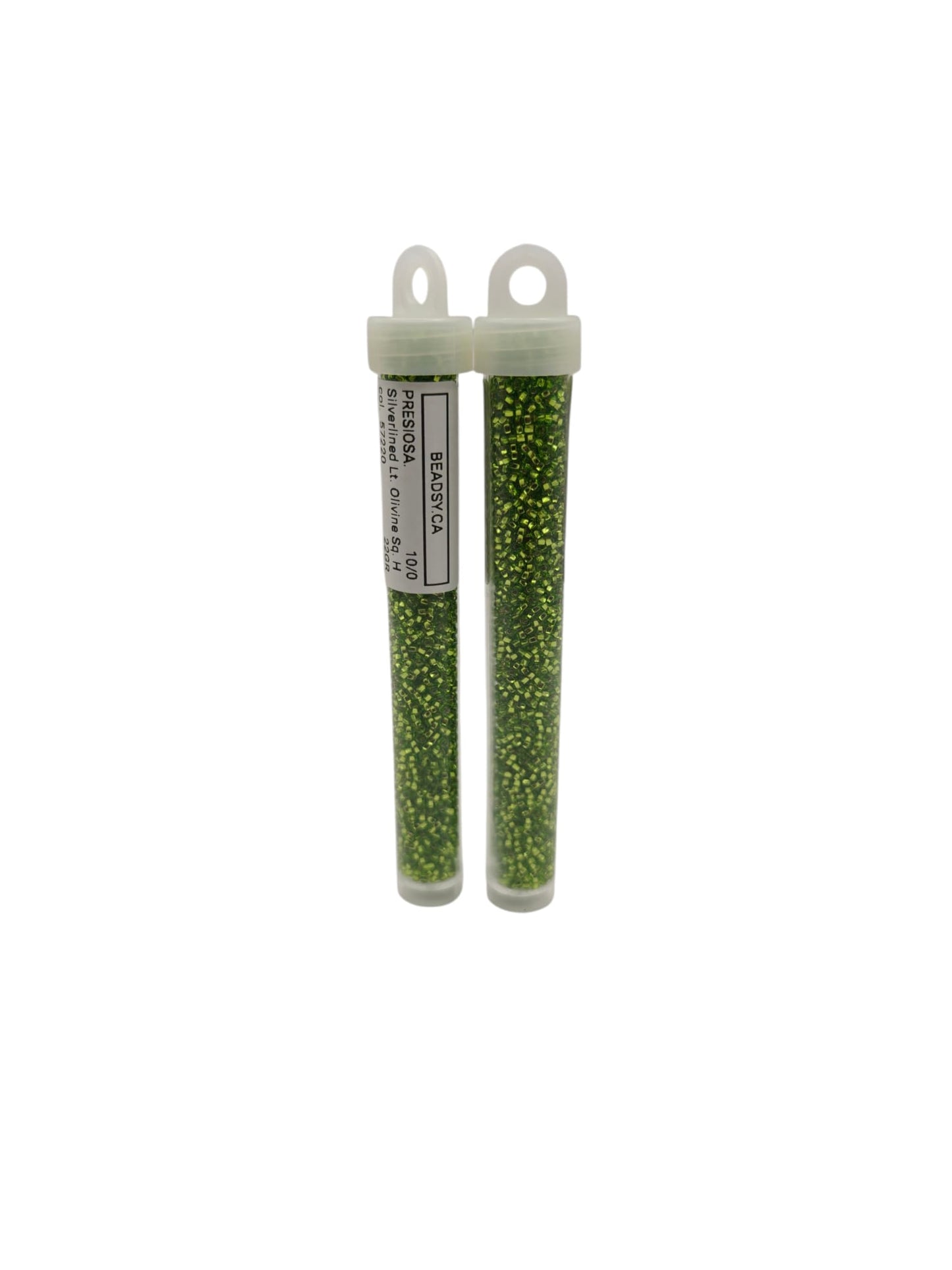 Tube packaging of Preciosa Czech 10/0 silverlined light green beads – Beadsy.ca.