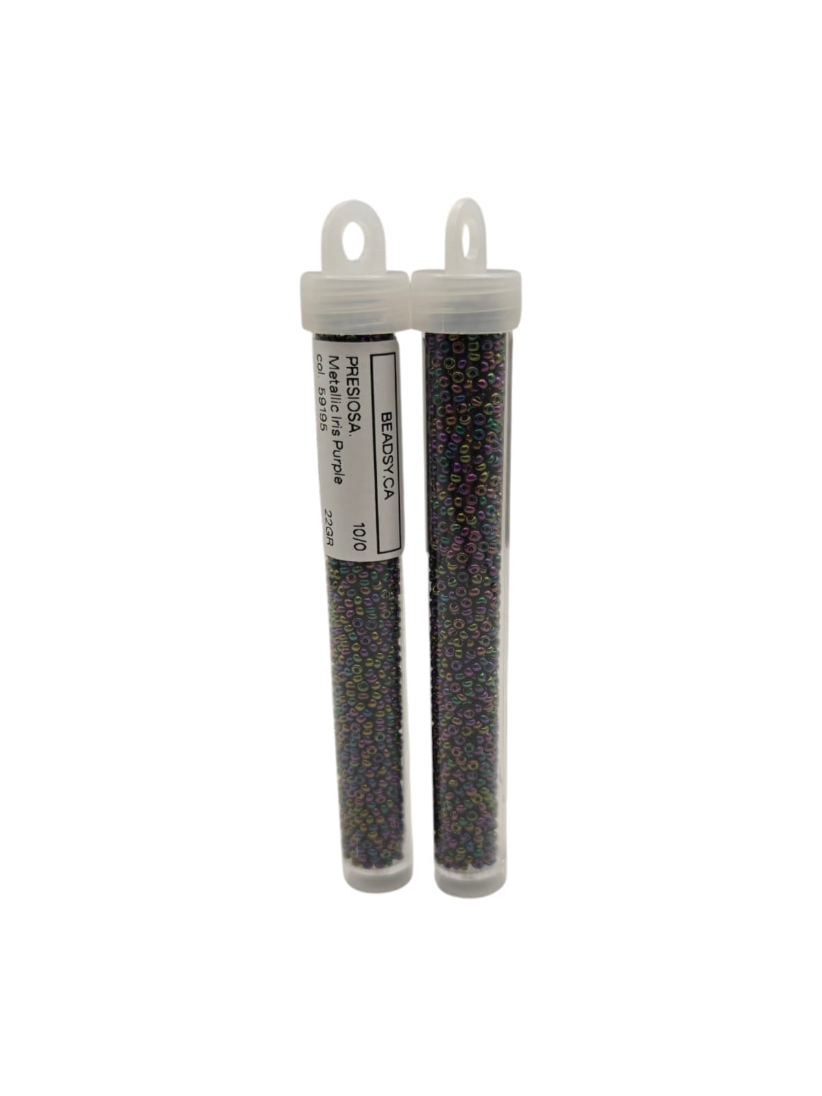 Two labeled tubes of Preciosa 10/0 seed beads, Metallic Iris Purple (59195) — Czech glass beads for jewelry, embroidery and bead weaving.