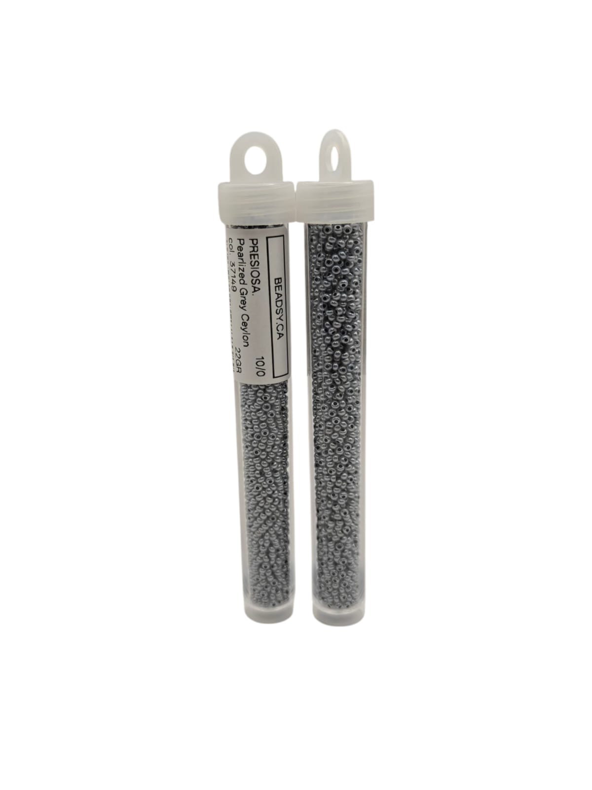 Two labeled tubes of Preciosa 10/0 seed beads, Pearlized Grey Ceylon (37149) — Czech glass beads for jewelry, embroidery and bead weaving.
