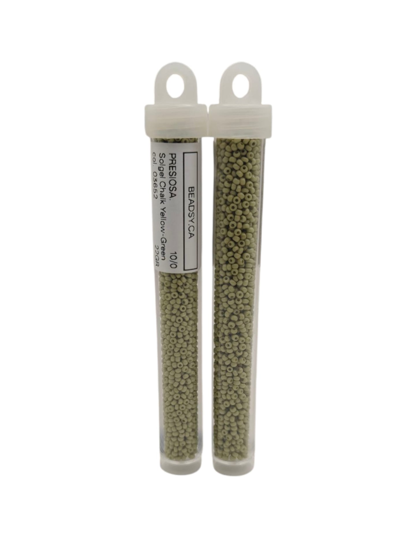 Two labeled tubes of Preciosa 10/0 seed beads, Solgel Chalk Yellow-Green (03652) — Czech glass beads for jewelry, embroidery and bead weaving.