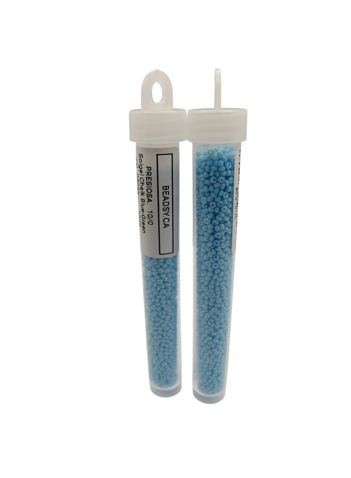 Two tubes of PRECIOSA 10/0 Solgel Chalk Blue-Green seed beads, colour code 03234, labeled by BEADSY.CA