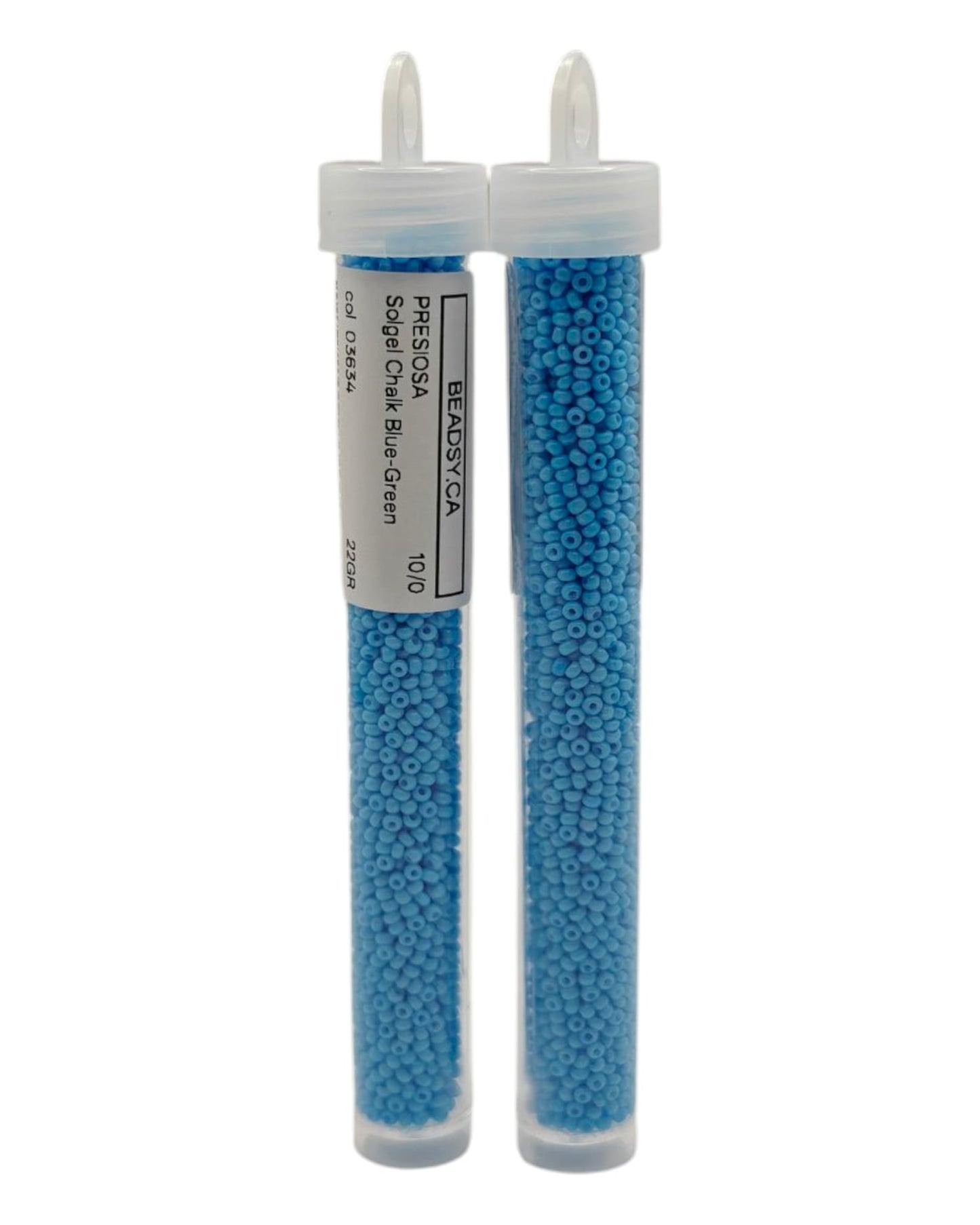 Two tubes of 10/0 Chalk Blue-Green Czech seed beads (Solgel line), code 03634 — Beadsy