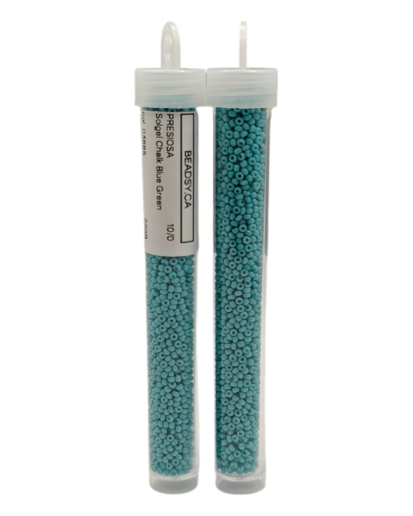 Two tubes of 10/0 Chalk Blue-Green Czech seed beads (Solgel line), code 03665 — Beadsy.