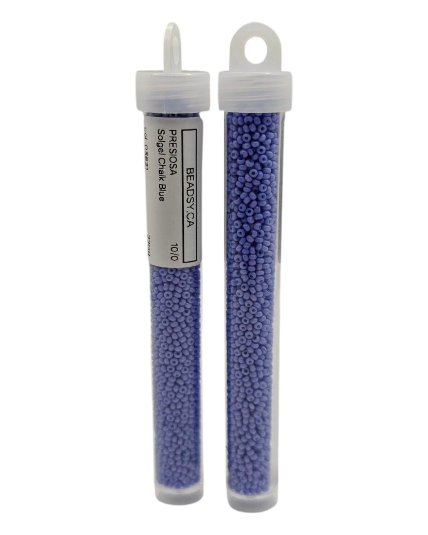 Two tubes of 10/0 Chalk Blue Czech seed beads (Solgel line), code 03631 — Beadsy