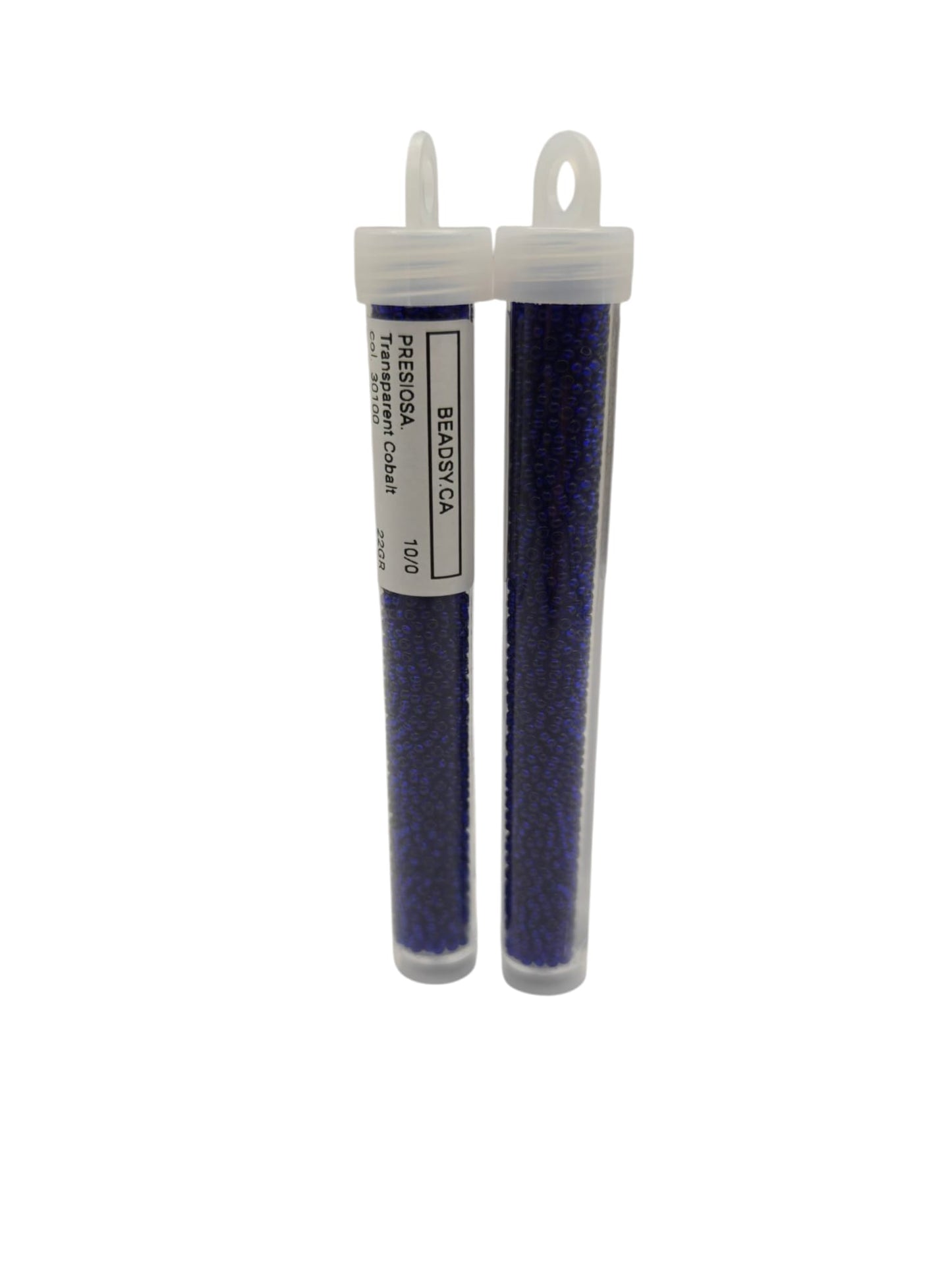 Two tubes of Preciosa 10/0 Transparent Cobalt seed beads, colour code 30100