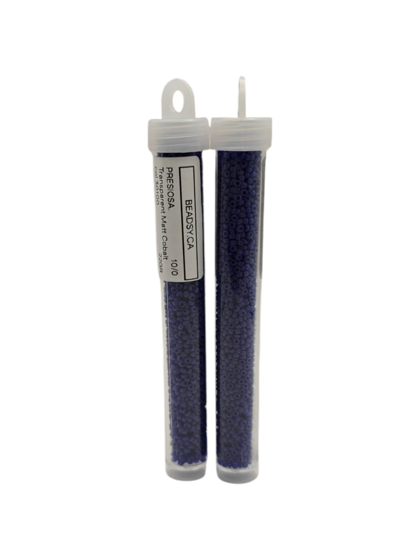 Two tubes of Preciosa 10/0 Czech seed beads, Transparent Matte Cobalt 30100M, frosted finish