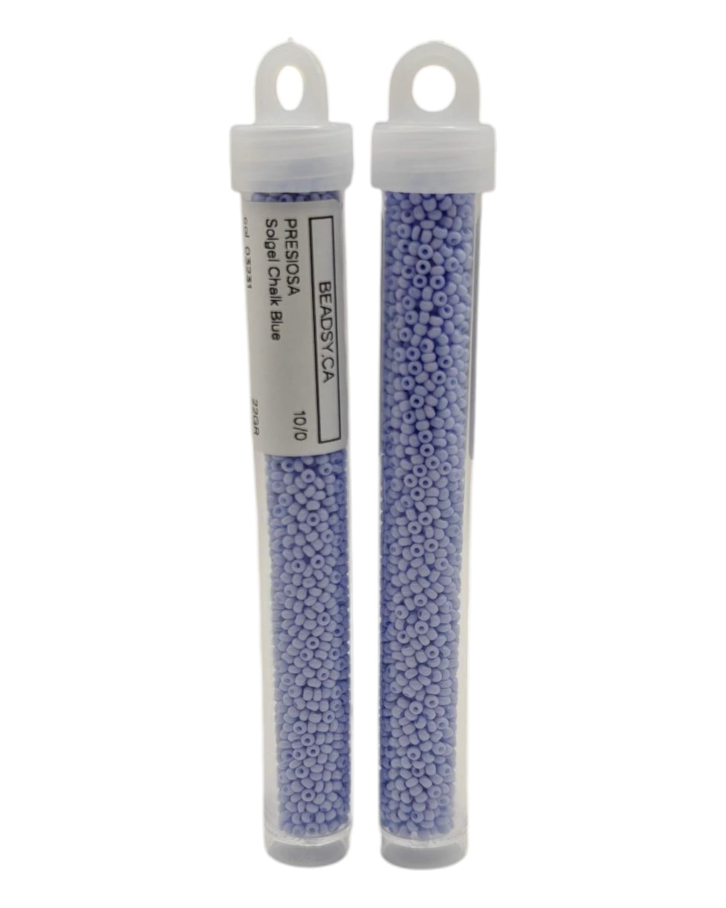 Two tubes of Preciosa 10/0 Solgel Chalk Blue seed beads (03231) from Beadsy.