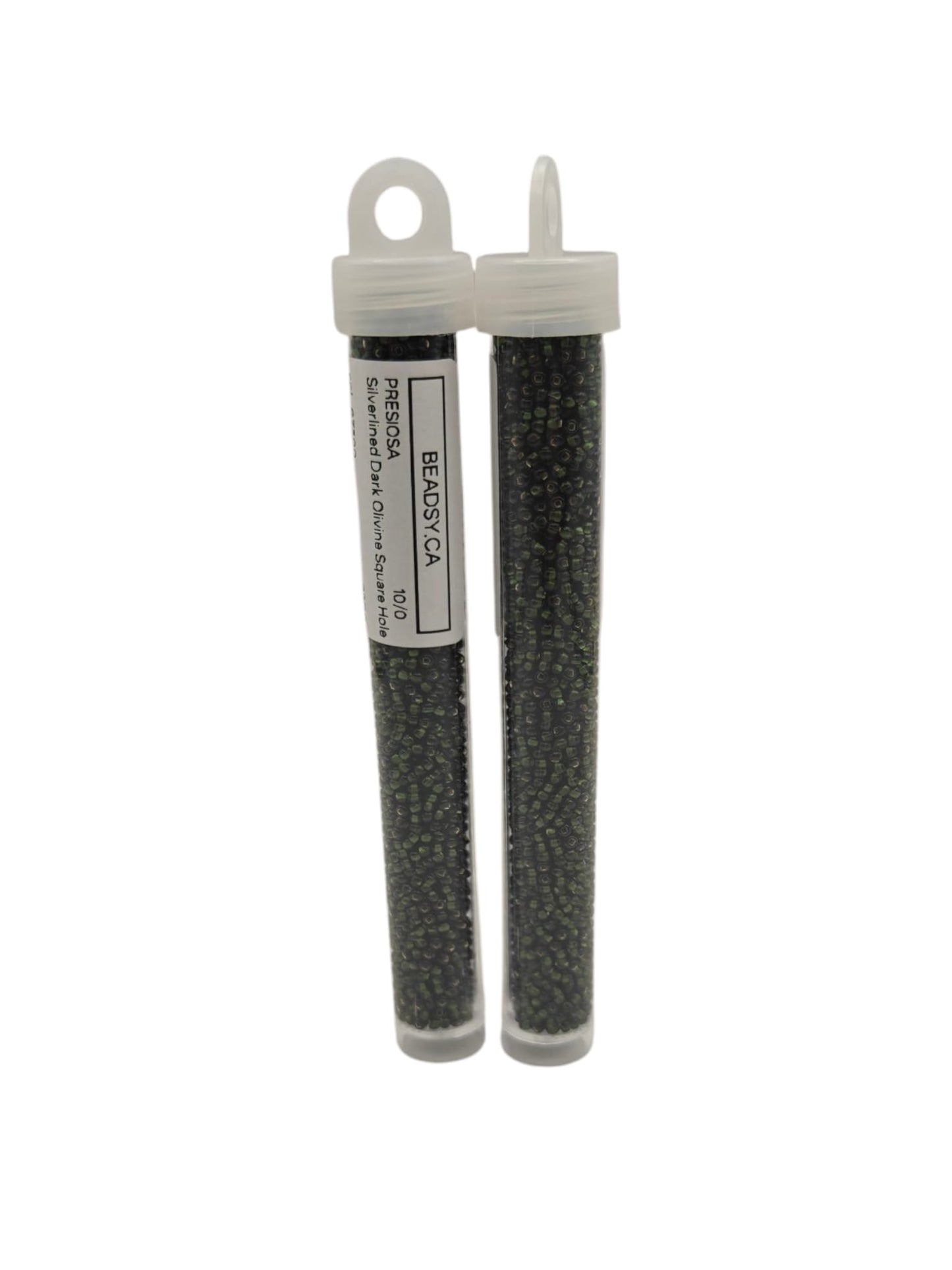Two tubes of Preciosa Czech seed beads 10/0 Silverlined Dark Olivine (Square Hole), SKU 46-S1042