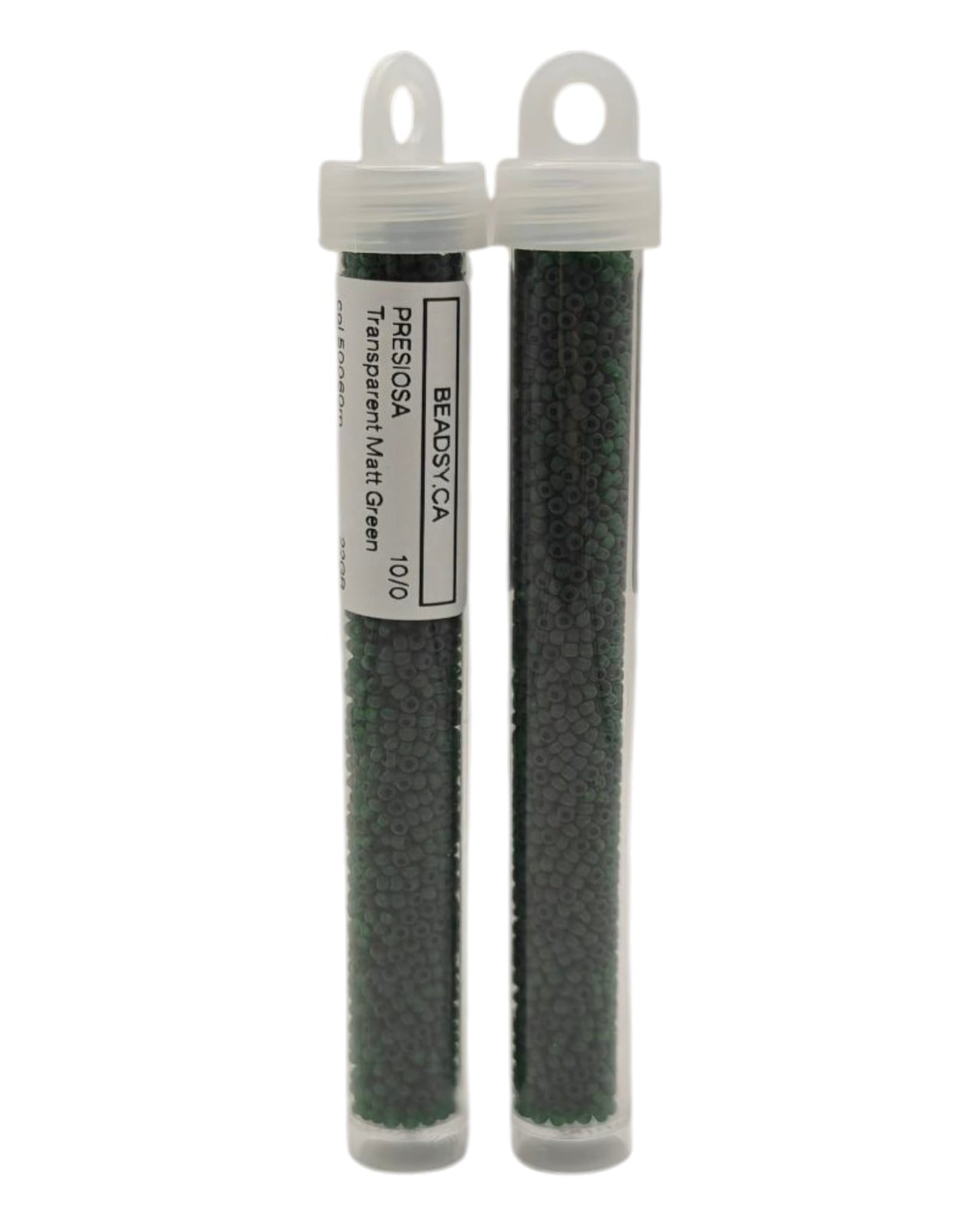 Two tubes of Preciosa Ornela 10/0 Transparent Matte Green seed beads 50060m by Beadsy.ca