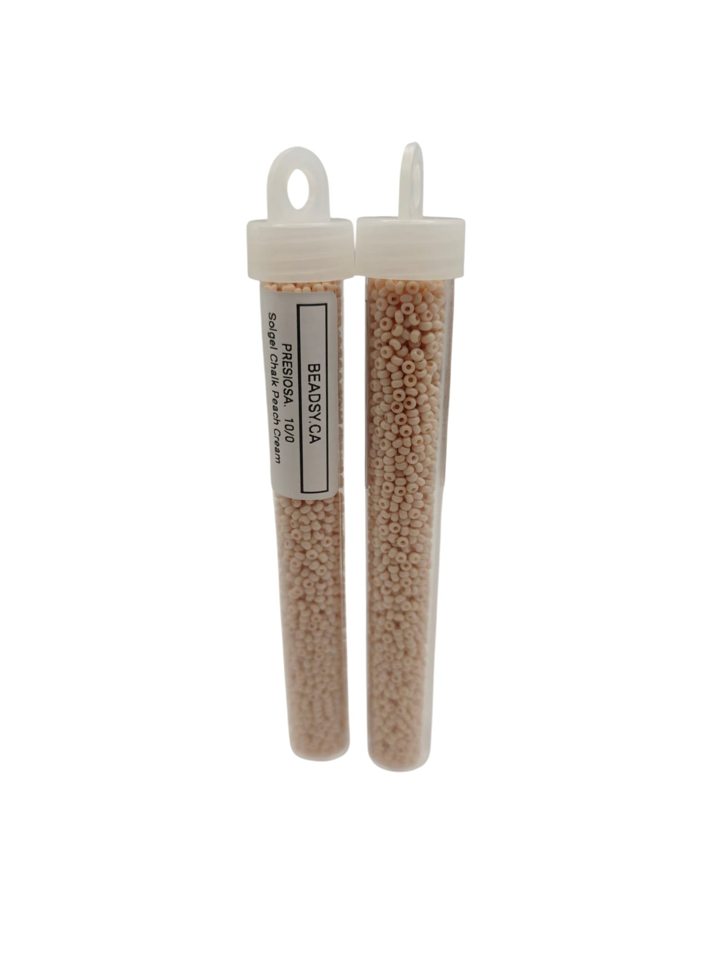 Two test tubes with beige powder and labels on a white background