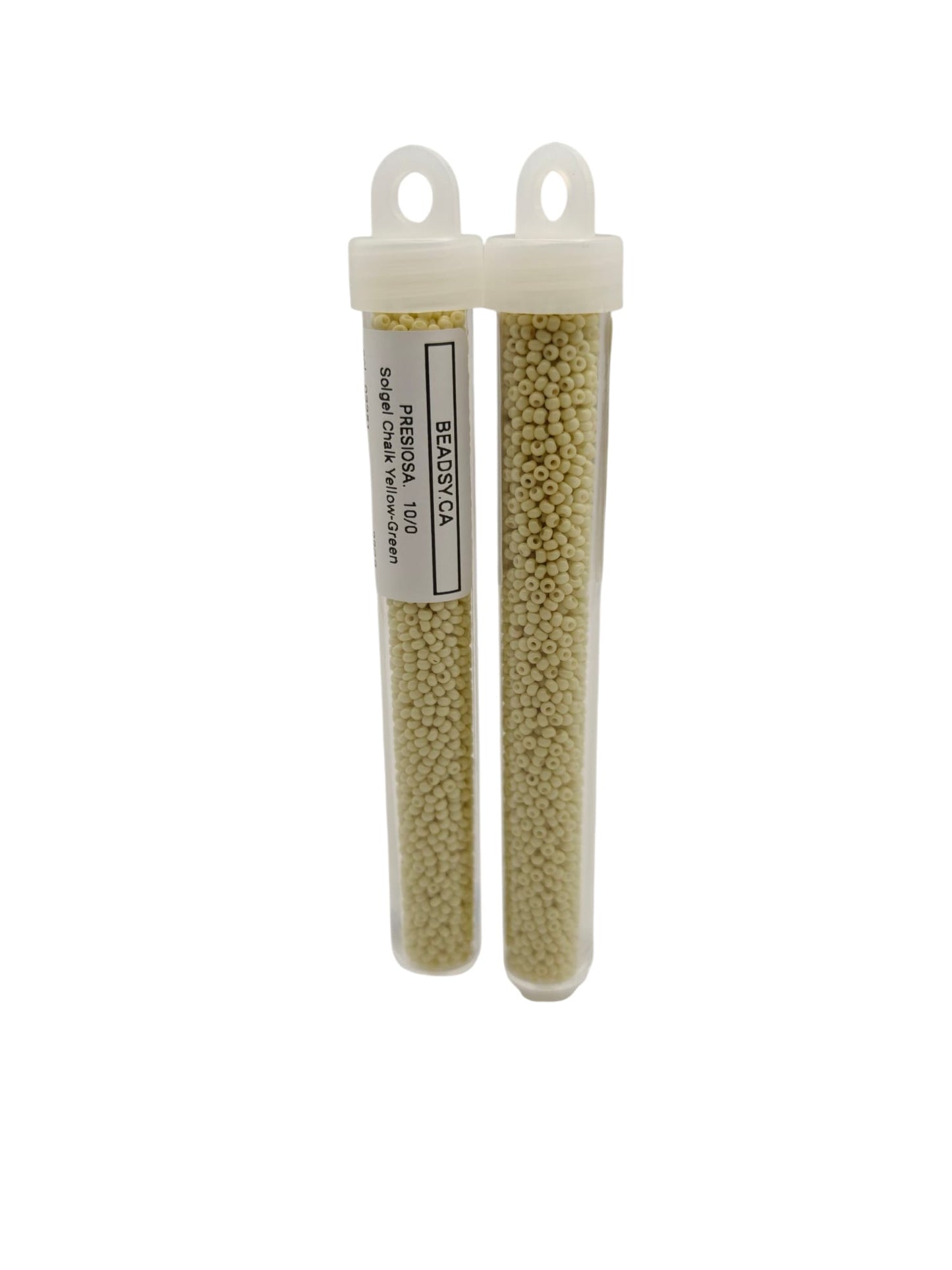 Two vials of Preciosa Czech seed beads 10/0 in colour 03251 – Solgel Chalk Yellow-Green