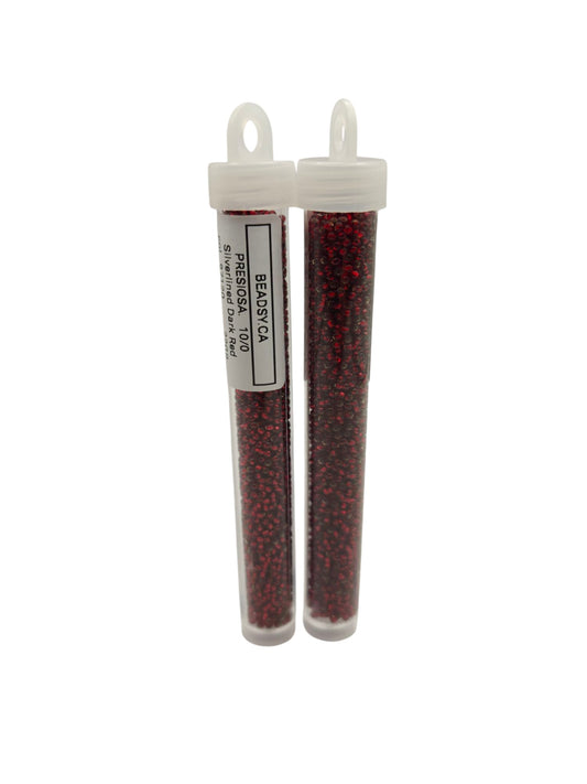Two vials of Preciosa Czech seed beads 10/0 in color 97120 – silverlined dark red