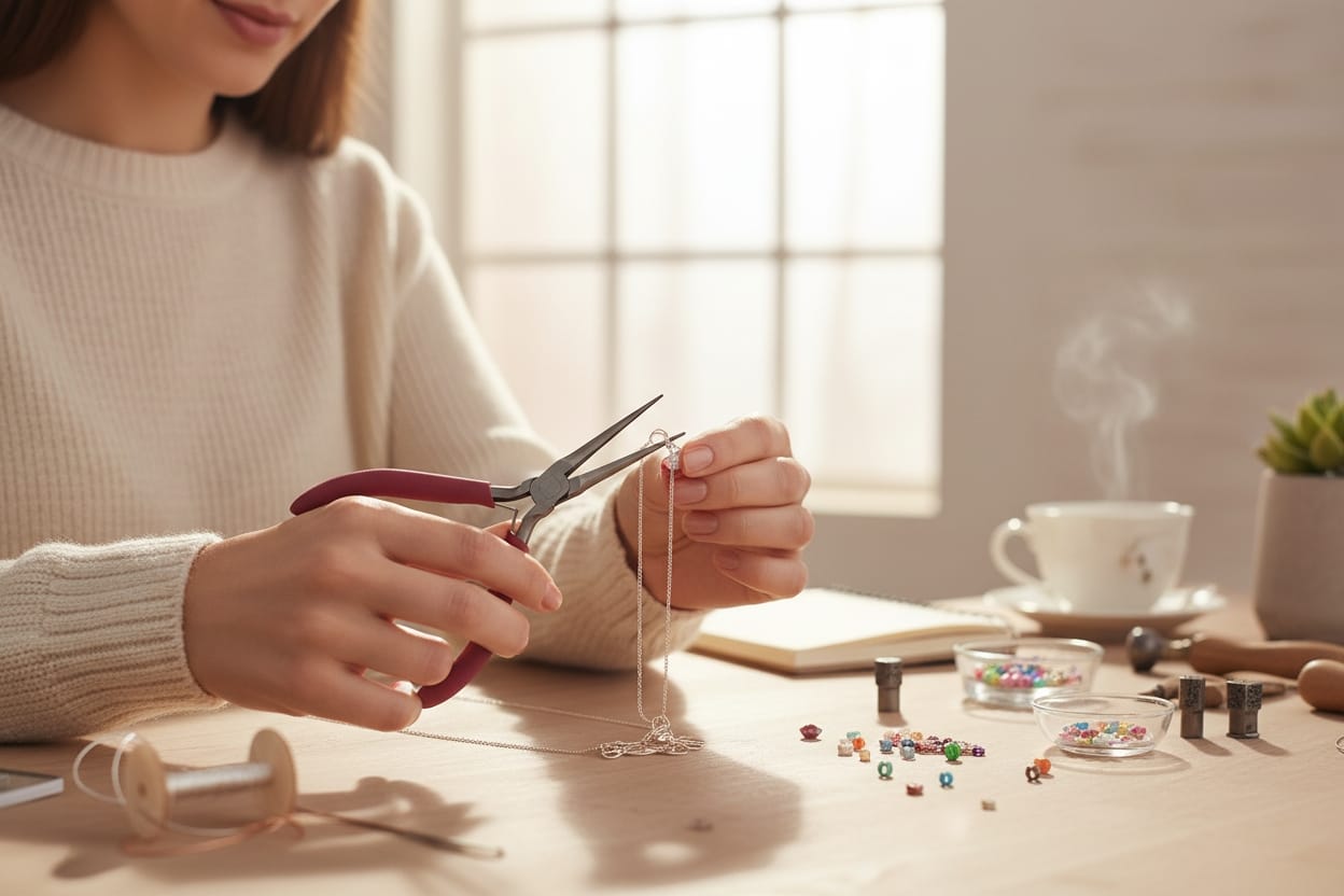 Using long flat nose pliers to hold chain and findings during jewelry making