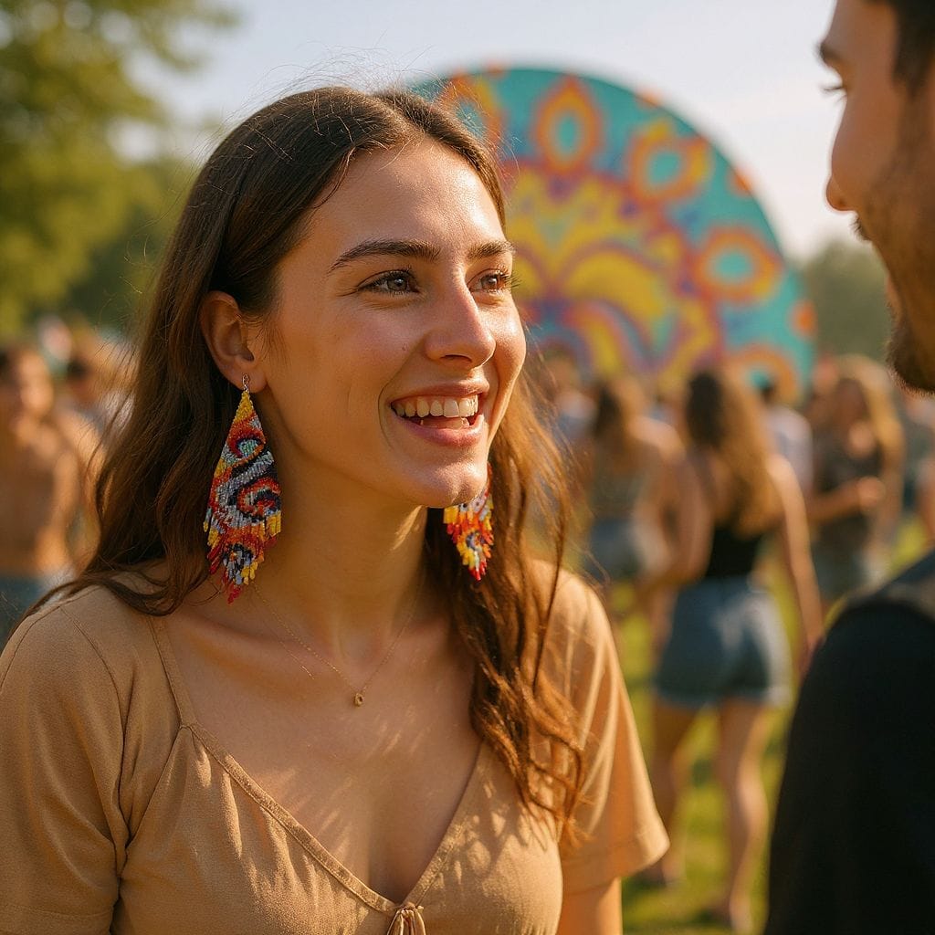 Woman wearing multicolor Preciosa fringe earrings with silver-plated hooks at an outdoor festival