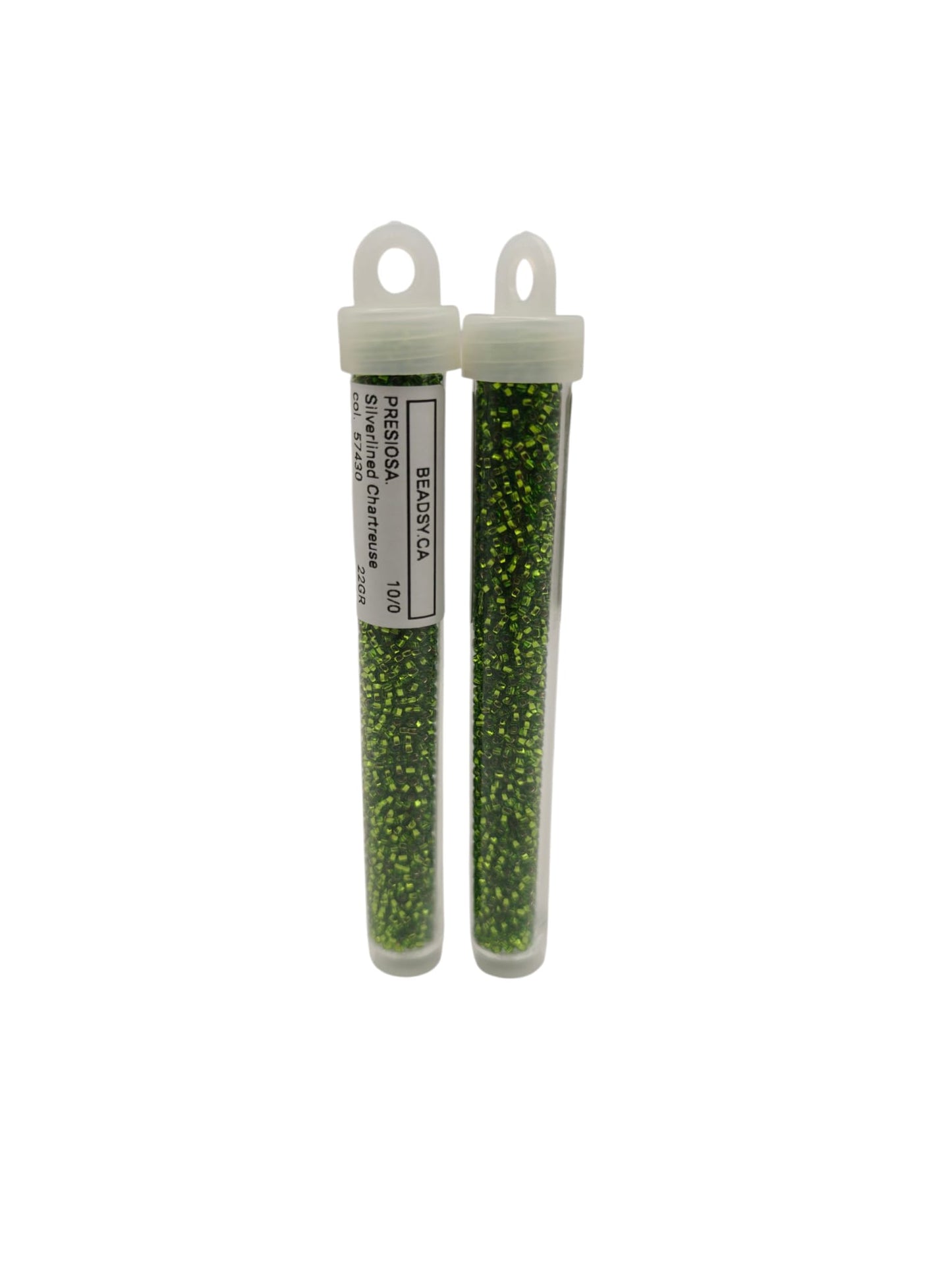 Preciosa 57430 beads in tube packaging, bright green transparent finish
