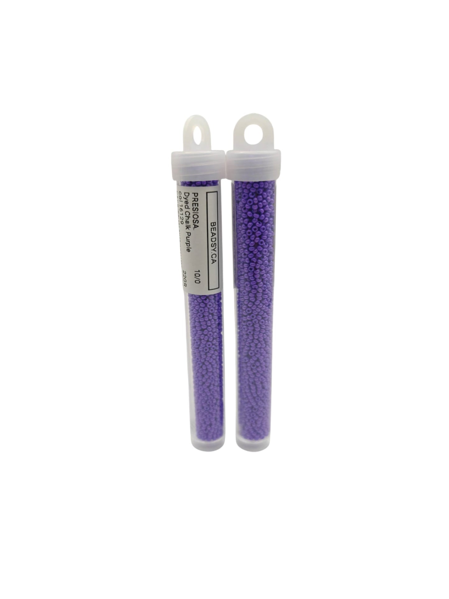 Preciosa 16129 opaque purple seed beads in labeled tubes