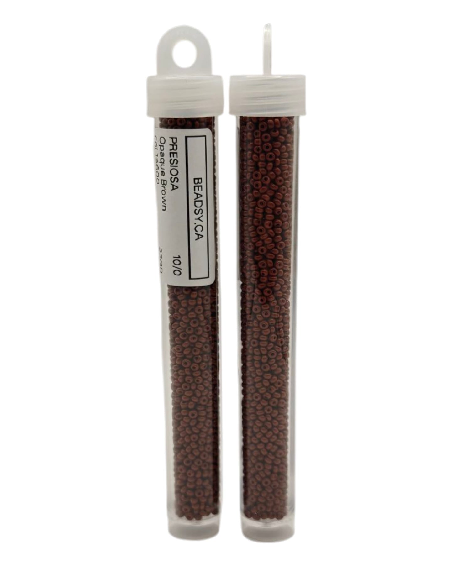 two vials of Preciosa 10/0 Opaque Brown 13600 for embroidery and weaving
