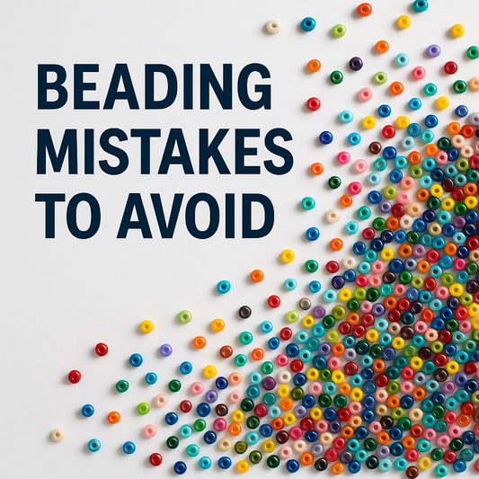 multicolored seed beads scattered on white background with text Beading Mistakes to Avoid, bead blog cover image, DIY jewelry Canada