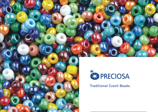 Colorful assortment of traditional PRECIOSA Czech glass beads in various glossy finishes with PRECIOSA logo and branding
