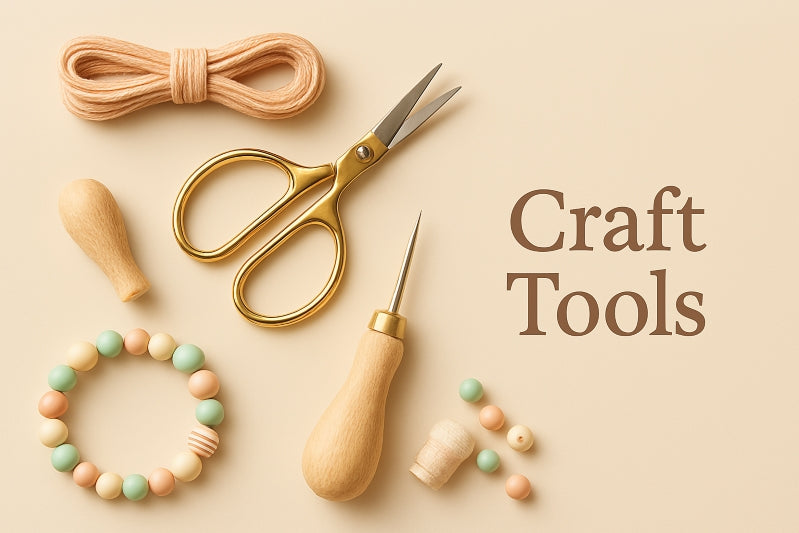 Original beading tools: gold scissors, wooden awl, needles and Preciosa seed beads on a neutral background