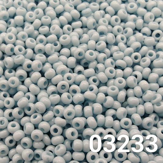 Close-up of Preciosa 10/0 seed beads in Solgel Chalk Blue-Green color (03233)