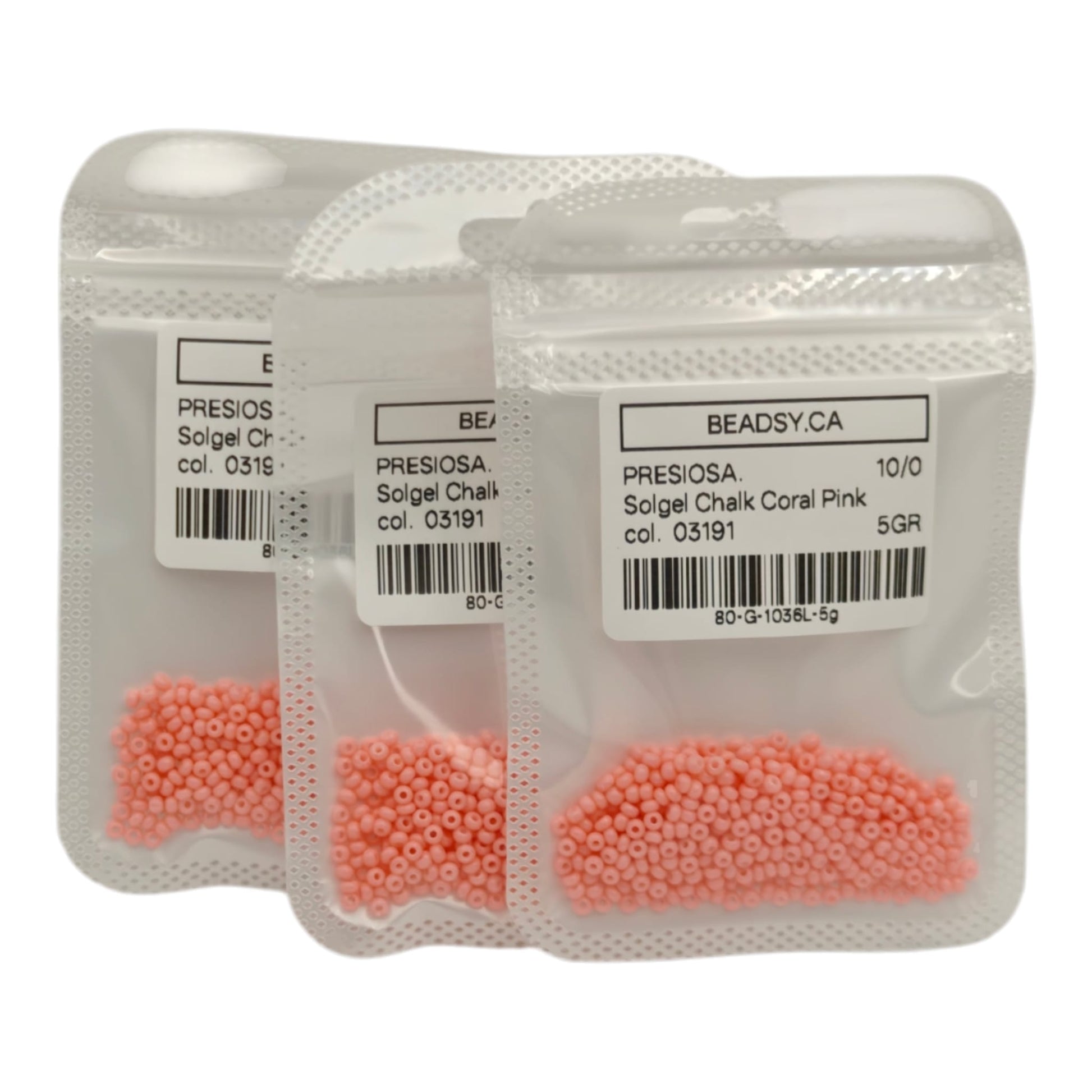 Beadsy.ca packaging - Preciosa 10/0 seed beads Solgel Chalk Coral Pink 03191 (5g) pouches