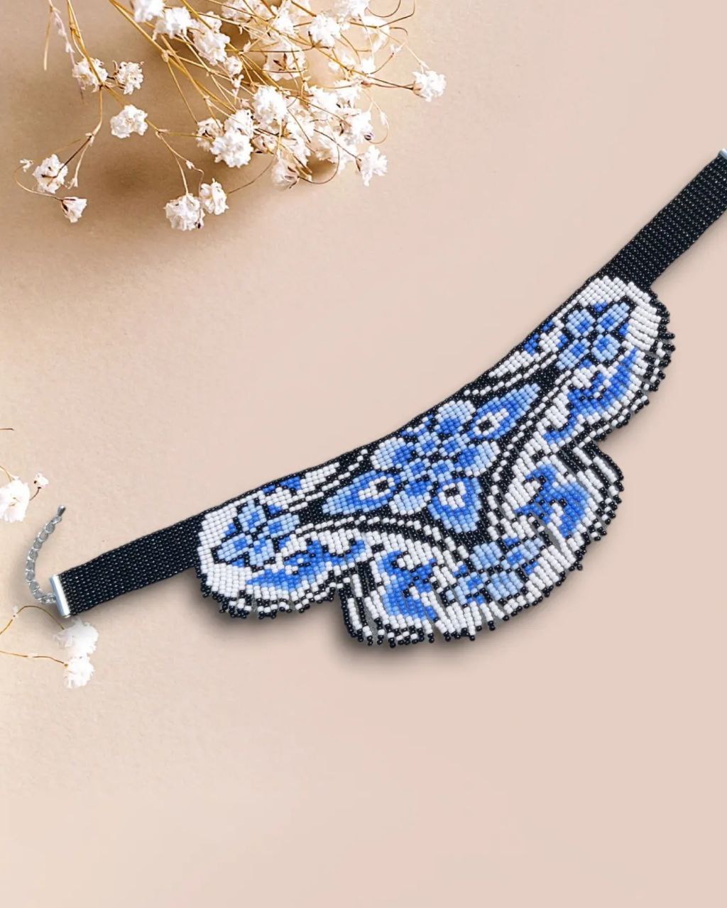Blue Aurora seed bead collar necklace on white background — handwoven statement piece