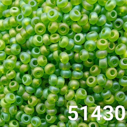 Close-up of Czech glass beads 10/0 matte light green color