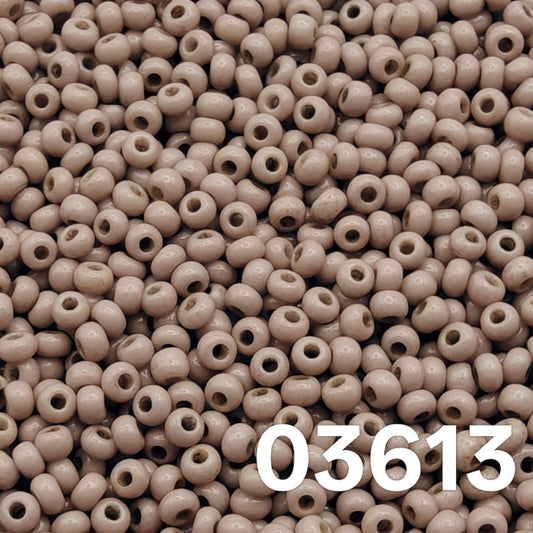 Close-up of Preciosa 100 Czech seed beads, Solgel Chalk Ashen Taupe (03613) — neutral taupe.