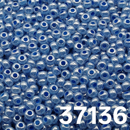 Close-up of Preciosa 10/0 Pearlized Blue Czech seed beads, colour code 37136