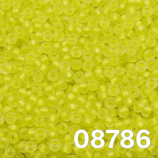 Close-up of Preciosa Czech seed beads 10/0 Frosted Lined Neon Yellow 08786