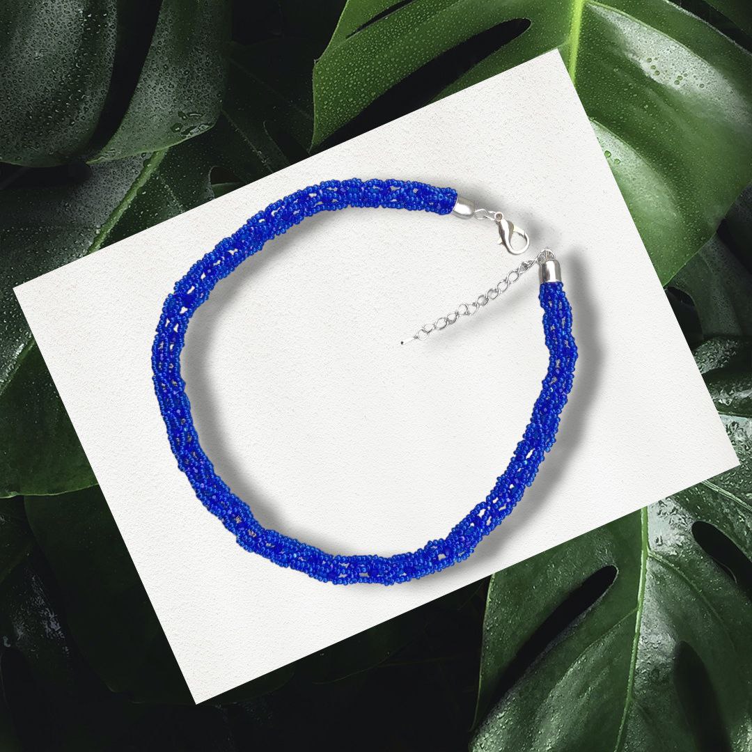 Cobalt blue seed bead rope necklace with lobster clasp and extender