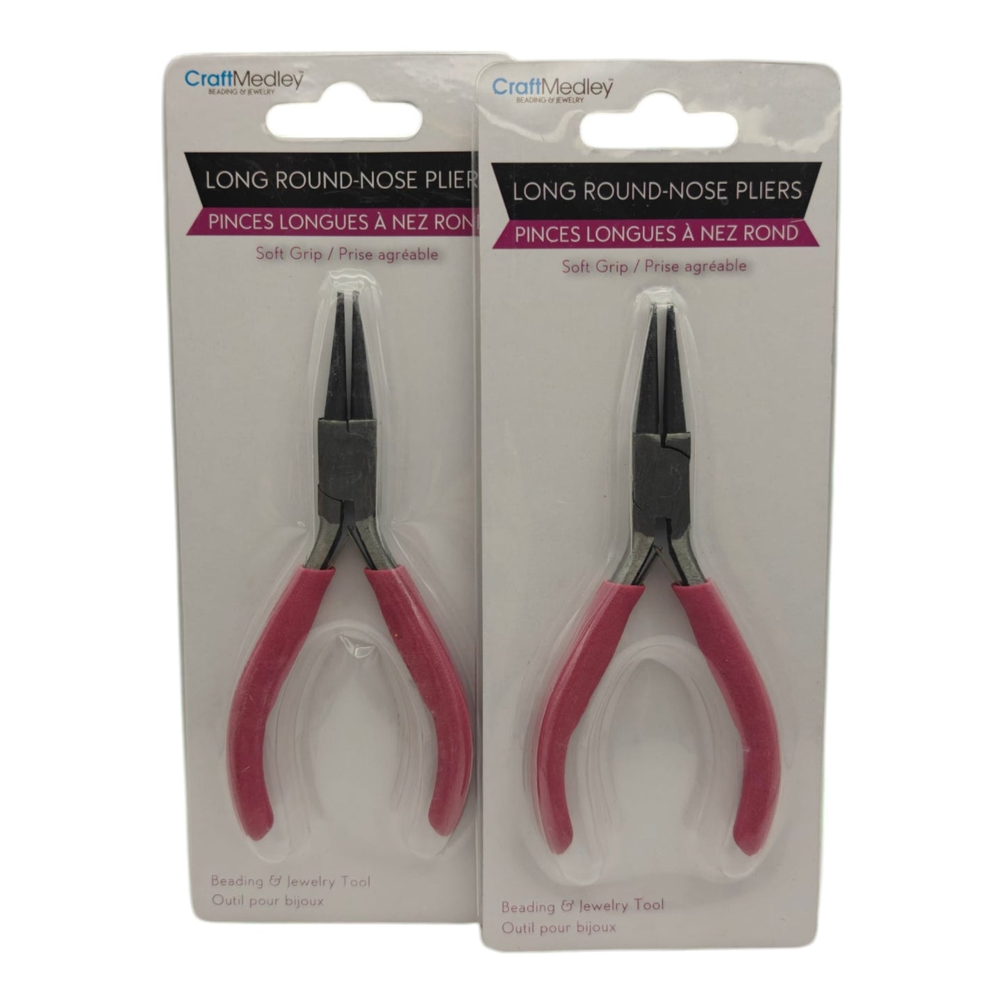 CraftMedley long round nose pliers with soft grip handle in retail packaging