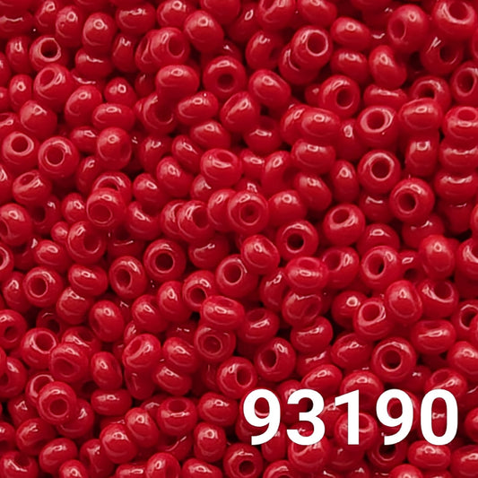 Close-up of Preciosa Czech seed beads 10/0 in opaque red color 93190