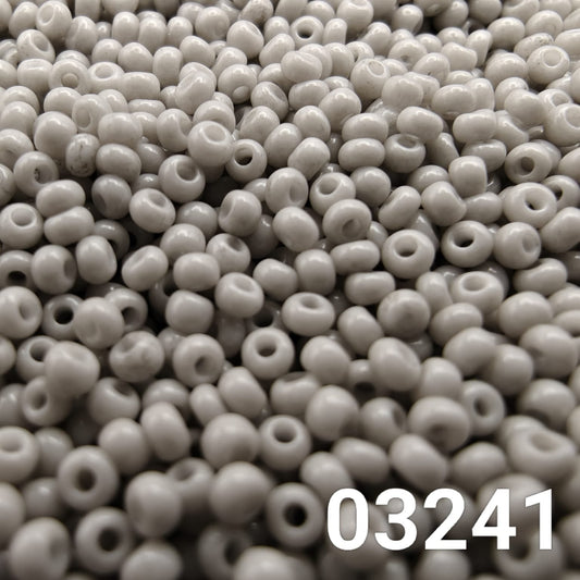 Close-up of Preciosa 10/0 seed beads in Solgel Chalk Grey color (03241)