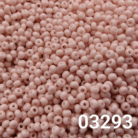 Close-up of Preciosa 10/0 seed beads in Solgel chalk pink color (03293)