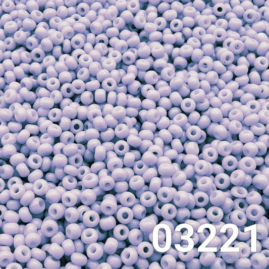 Close-up of Preciosa 10/0 seed beads in Solgel Chalk Violet color (03221)