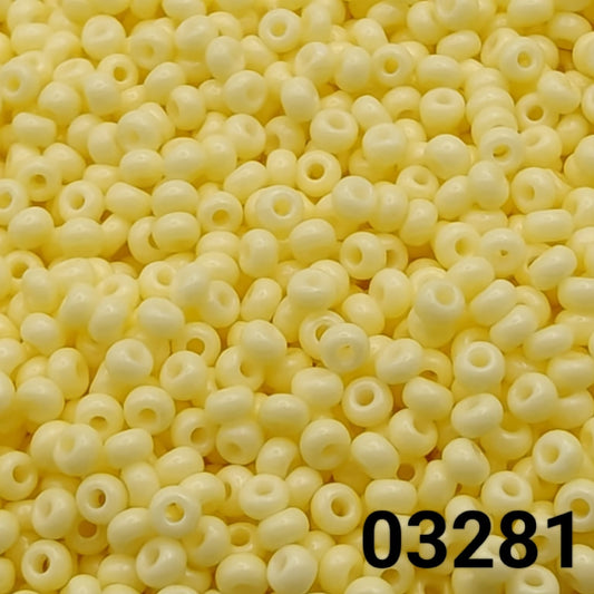 Close-up of Preciosa 10/0 seed beads in Solgel chalk yellow color (03281)