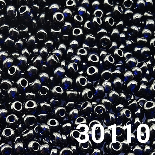 Close-up of Preciosa 10/0 Transparent Dark Blue glass seed beads, code 30110, round uniform finish